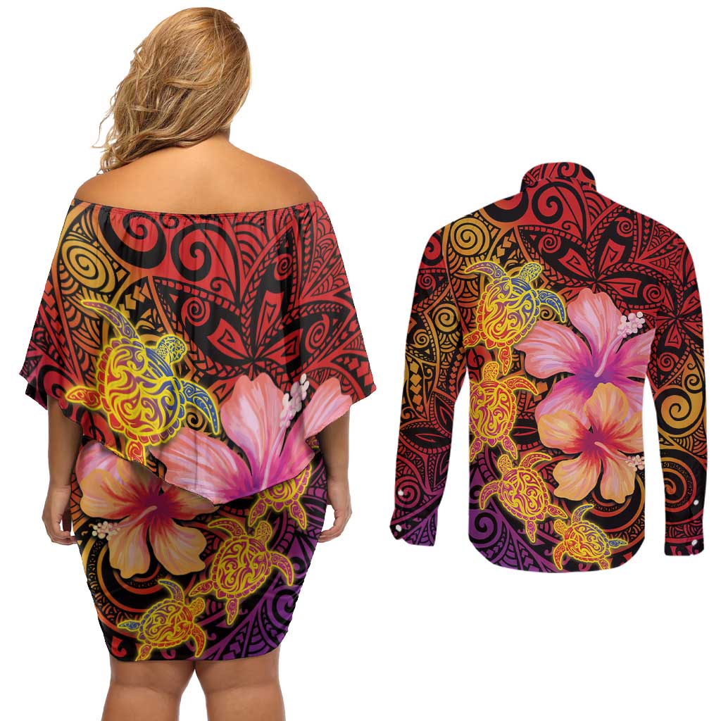 Hawaiian Hibiscus Turtle Tribal Polynesian Pattern Couples Matching Off Shoulder Short Dress and Long Sleeve Button Shirt Colorful Color