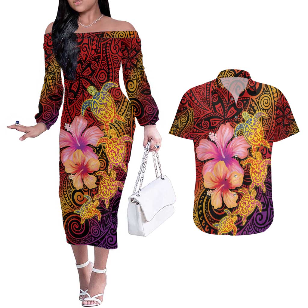 Hawaiian Hibiscus Turtle Tribal Polynesian Pattern Couples Matching Off The Shoulder Long Sleeve Dress and Hawaiian Shirt Colorful Color