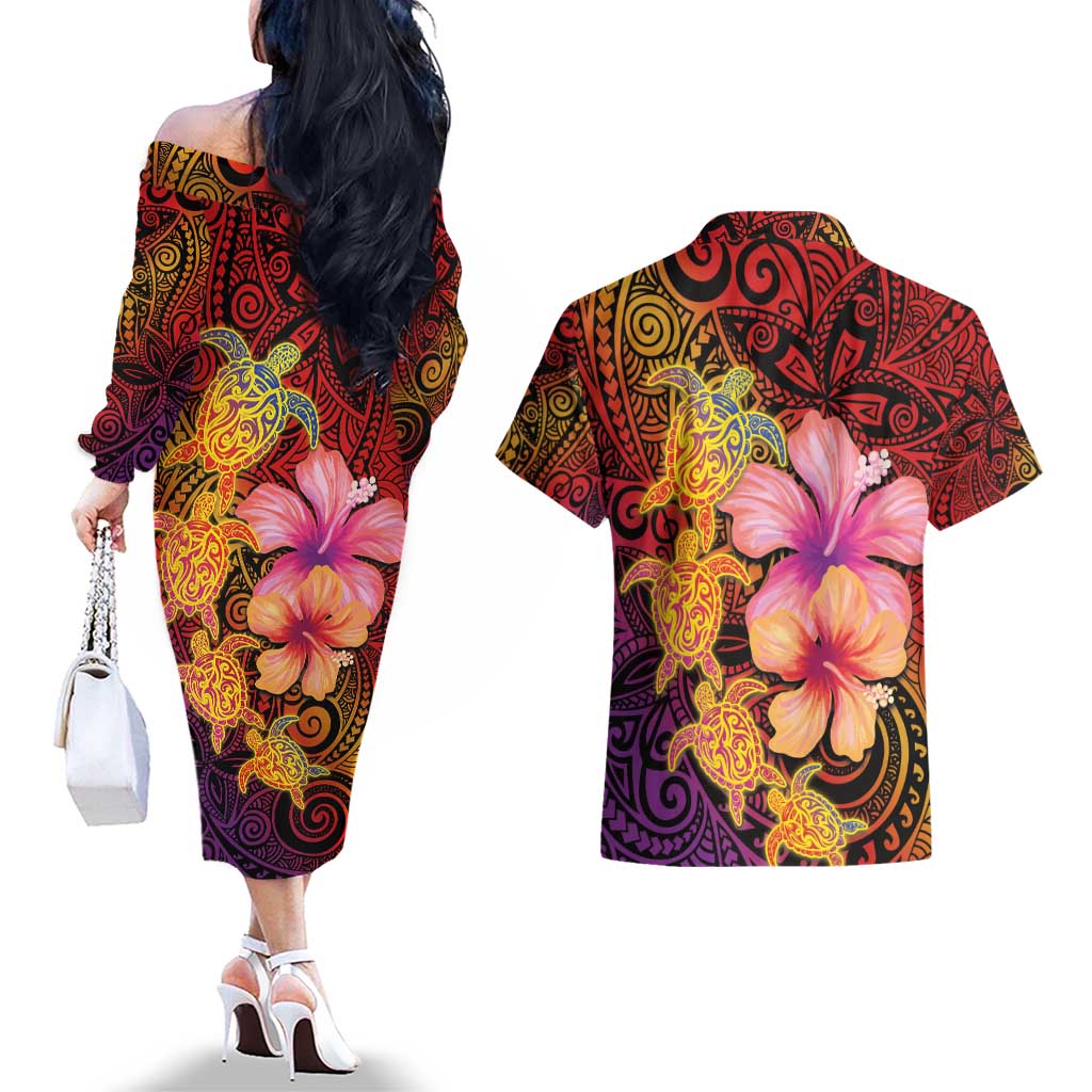 Hawaiian Hibiscus Turtle Tribal Polynesian Pattern Couples Matching Off The Shoulder Long Sleeve Dress and Hawaiian Shirt Colorful Color
