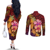 Hawaiian Hibiscus Turtle Tribal Polynesian Pattern Couples Matching Off The Shoulder Long Sleeve Dress and Long Sleeve Button Shirt Colorful Color