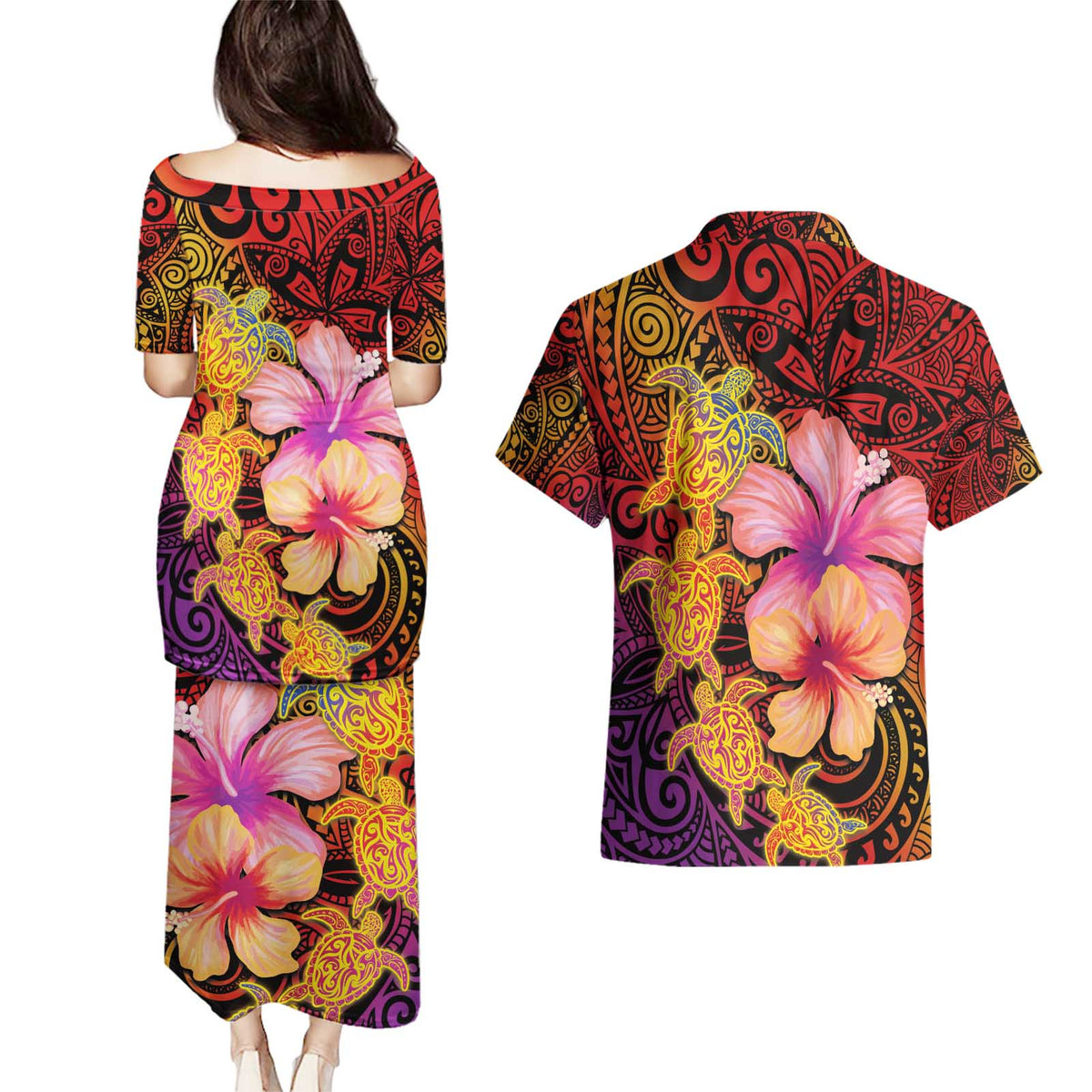 Hawaiian Hibiscus Turtle Tribal Polynesian Pattern Couples Matching Puletasi and Hawaiian Shirt Colorful Color