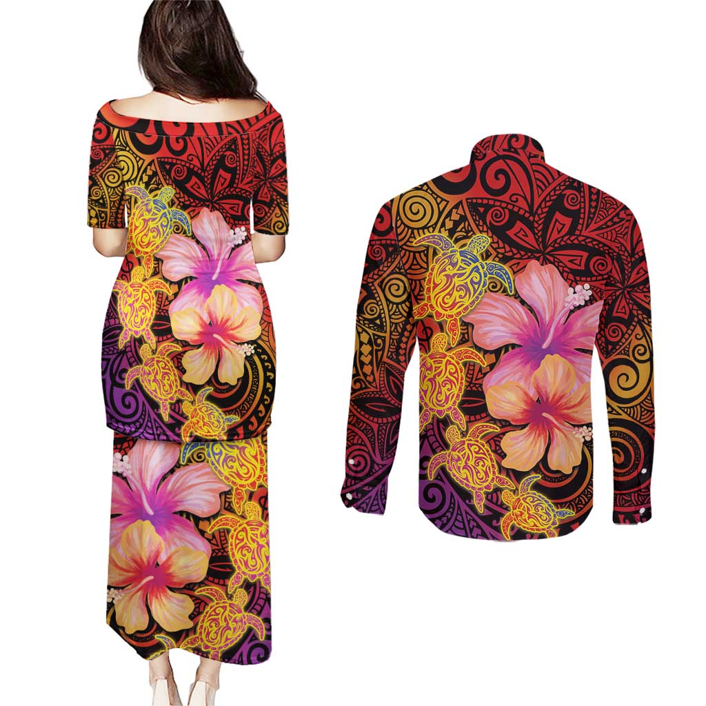 Hawaiian Hibiscus Turtle Tribal Polynesian Pattern Couples Matching Puletasi and Long Sleeve Button Shirt Colorful Color