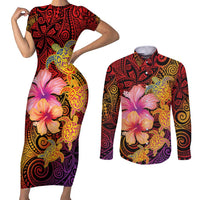Hawaiian Hibiscus Turtle Tribal Polynesian Pattern Couples Matching Short Sleeve Bodycon Dress and Long Sleeve Button Shirt Colorful Color