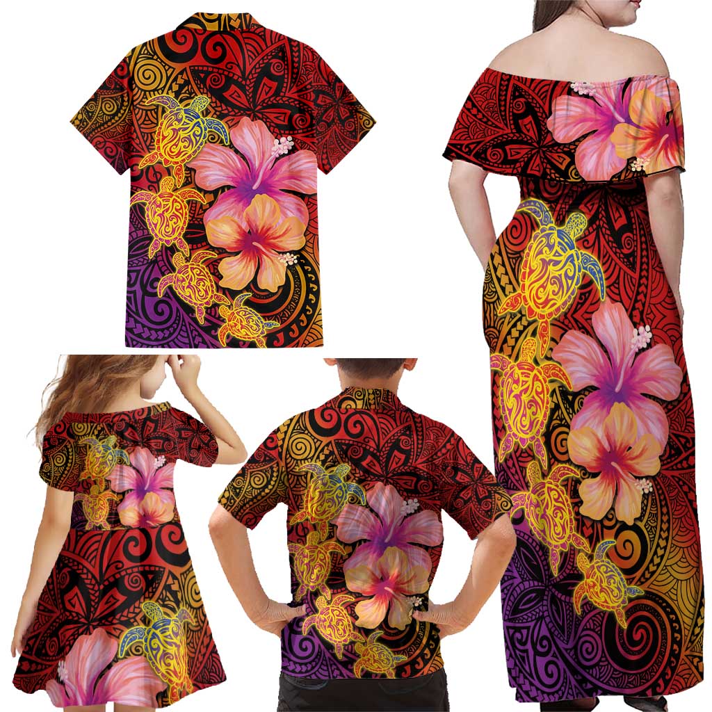 Hawaiian Hibiscus Turtle Tribal Polynesian Pattern Family Matching Off Shoulder Maxi Dress and Hawaiian Shirt Colorful Color