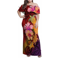 Hawaiian Hibiscus Turtle Tribal Polynesian Pattern Family Matching Off Shoulder Maxi Dress and Hawaiian Shirt Colorful Color