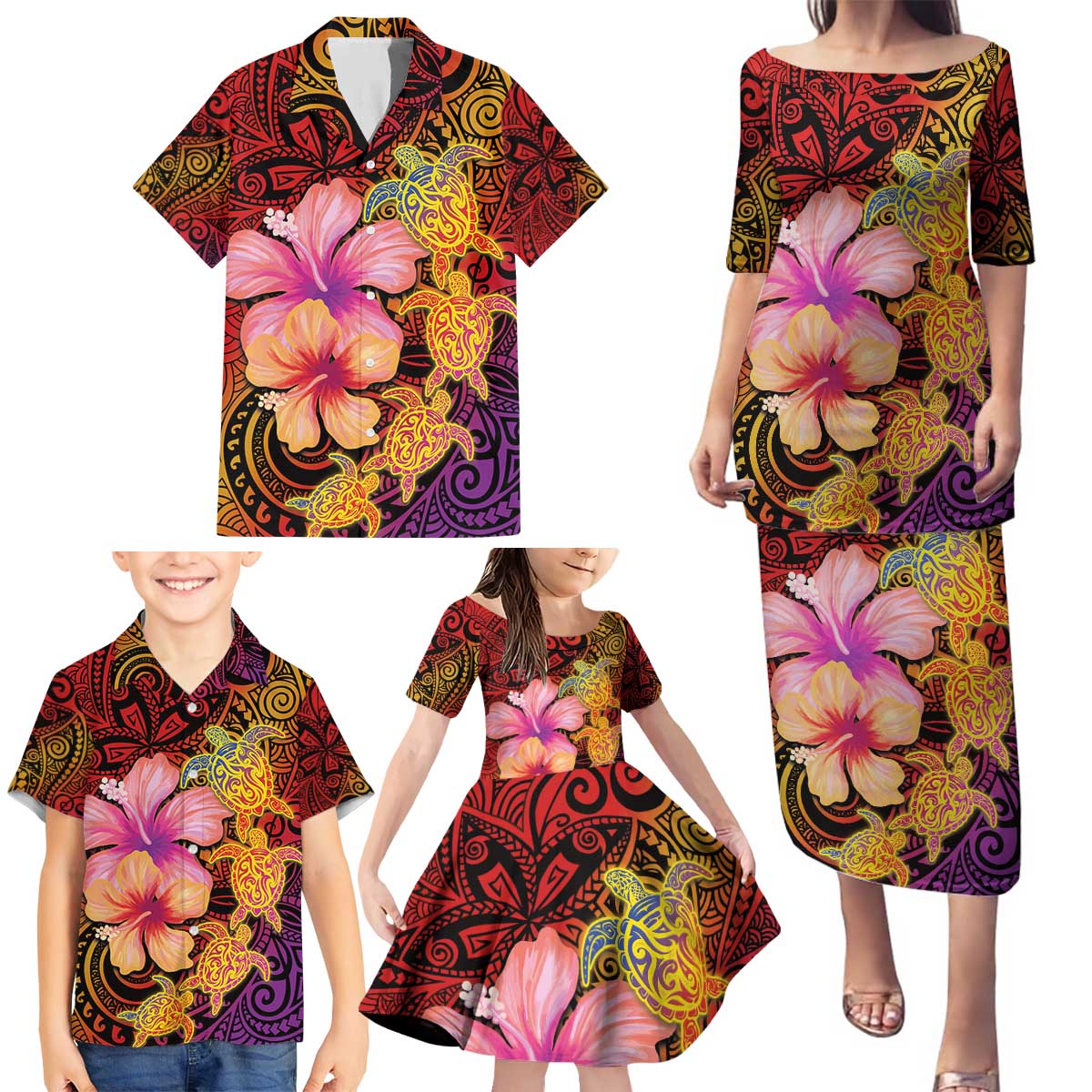 Hawaiian Hibiscus Turtle Tribal Polynesian Pattern Family Matching Puletasi and Hawaiian Shirt Colorful Color LT03 - Polynesian Pride