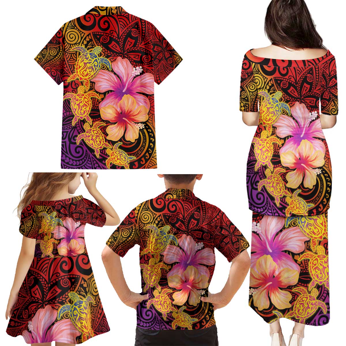 Hawaiian Hibiscus Turtle Tribal Polynesian Pattern Family Matching Puletasi and Hawaiian Shirt Colorful Color LT03 - Polynesian Pride