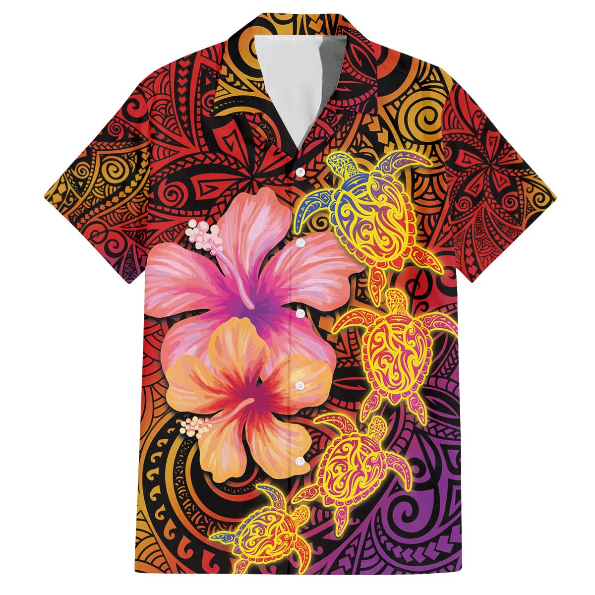 Hawaiian Hibiscus Turtle Tribal Polynesian Pattern Family Matching Puletasi and Hawaiian Shirt Colorful Color LT03 Dad's Shirt - Short Sleeve Red - Polynesian Pride
