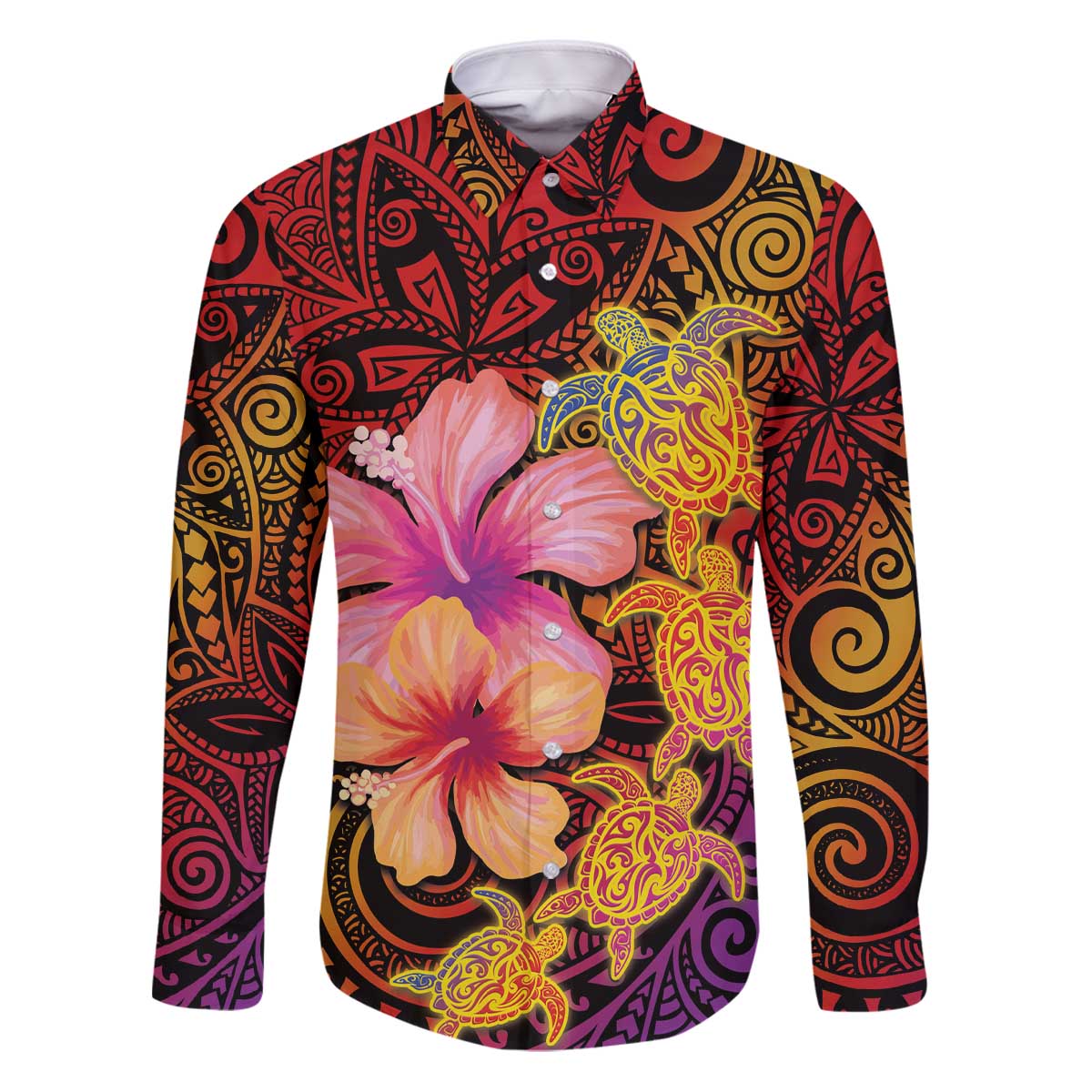 Hawaiian Hibiscus Turtle Tribal Polynesian Pattern Family Matching Puletasi and Hawaiian Shirt Colorful Color LT03 Dad's Shirt - Long Sleeve Red - Polynesian Pride