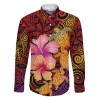 Hawaiian Hibiscus Turtle Tribal Polynesian Pattern Family Matching Puletasi and Hawaiian Shirt Colorful Color LT03 Dad's Shirt - Long Sleeve Red - Polynesian Pride