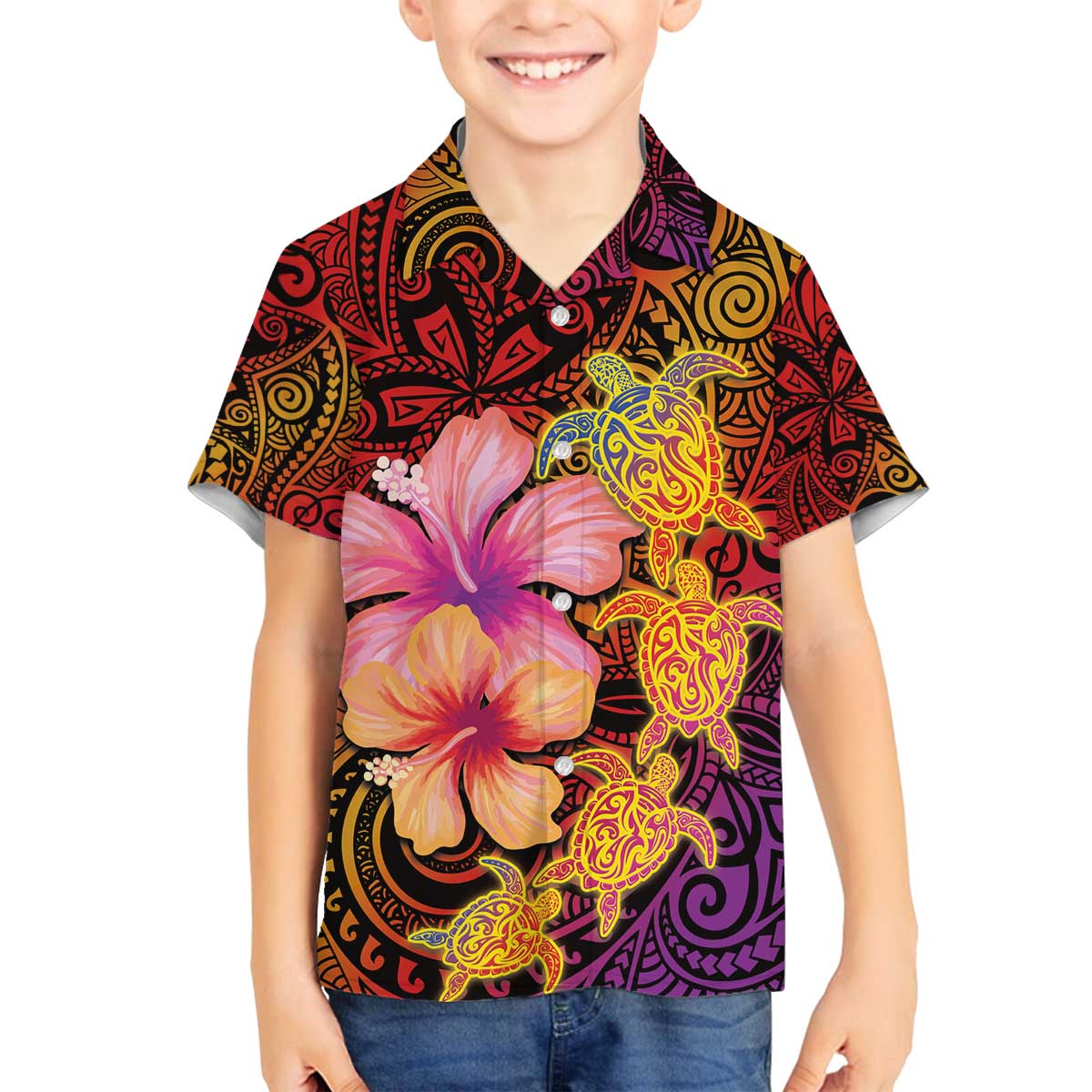 Hawaiian Hibiscus Turtle Tribal Polynesian Pattern Family Matching Puletasi and Hawaiian Shirt Colorful Color LT03 Son's Shirt Red - Polynesian Pride