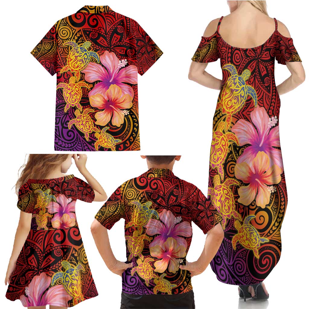 Hawaiian Hibiscus Turtle Tribal Polynesian Pattern Family Matching Summer Maxi Dress and Hawaiian Shirt Colorful Color