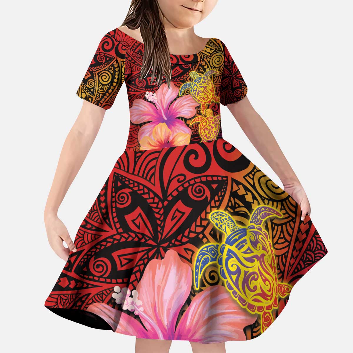 Hawaiian Hibiscus Turtle Tribal Polynesian Pattern Kid Short Sleeve Dress Colorful Color
