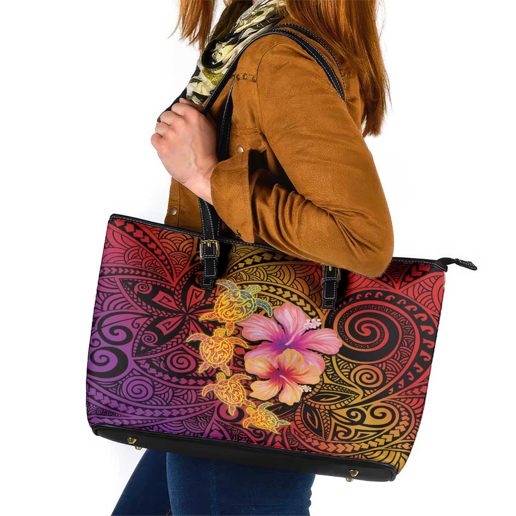 Hawaiian Hibiscus Turtle Tribal Polynesian Pattern Leather Tote Bag Colorful Color