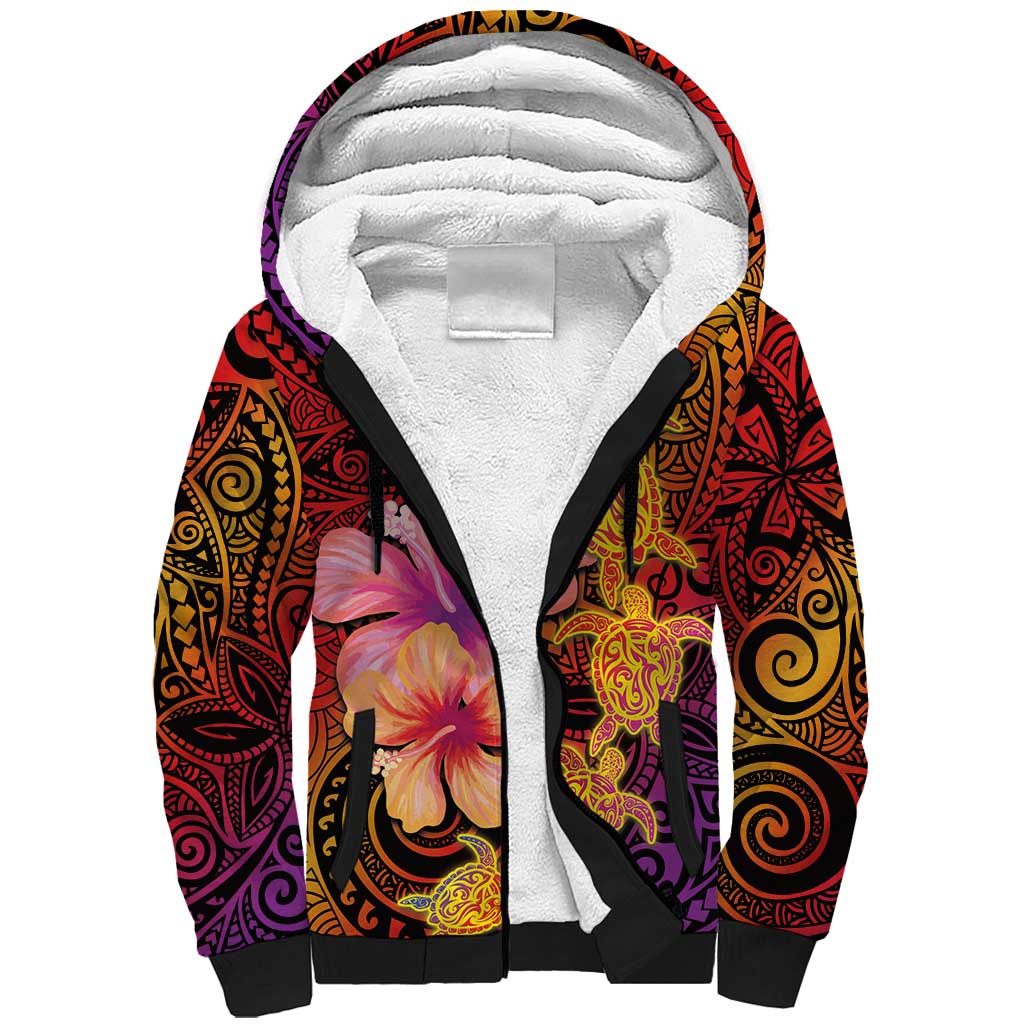 Hawaiian Hibiscus Turtle Tribal Polynesian Pattern Sherpa Hoodie Colorful Color