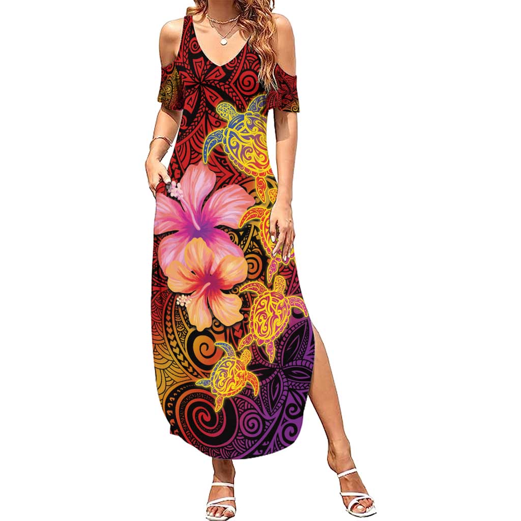 Hawaiian Hibiscus Turtle Tribal Polynesian Pattern Summer Maxi Dress Colorful Color