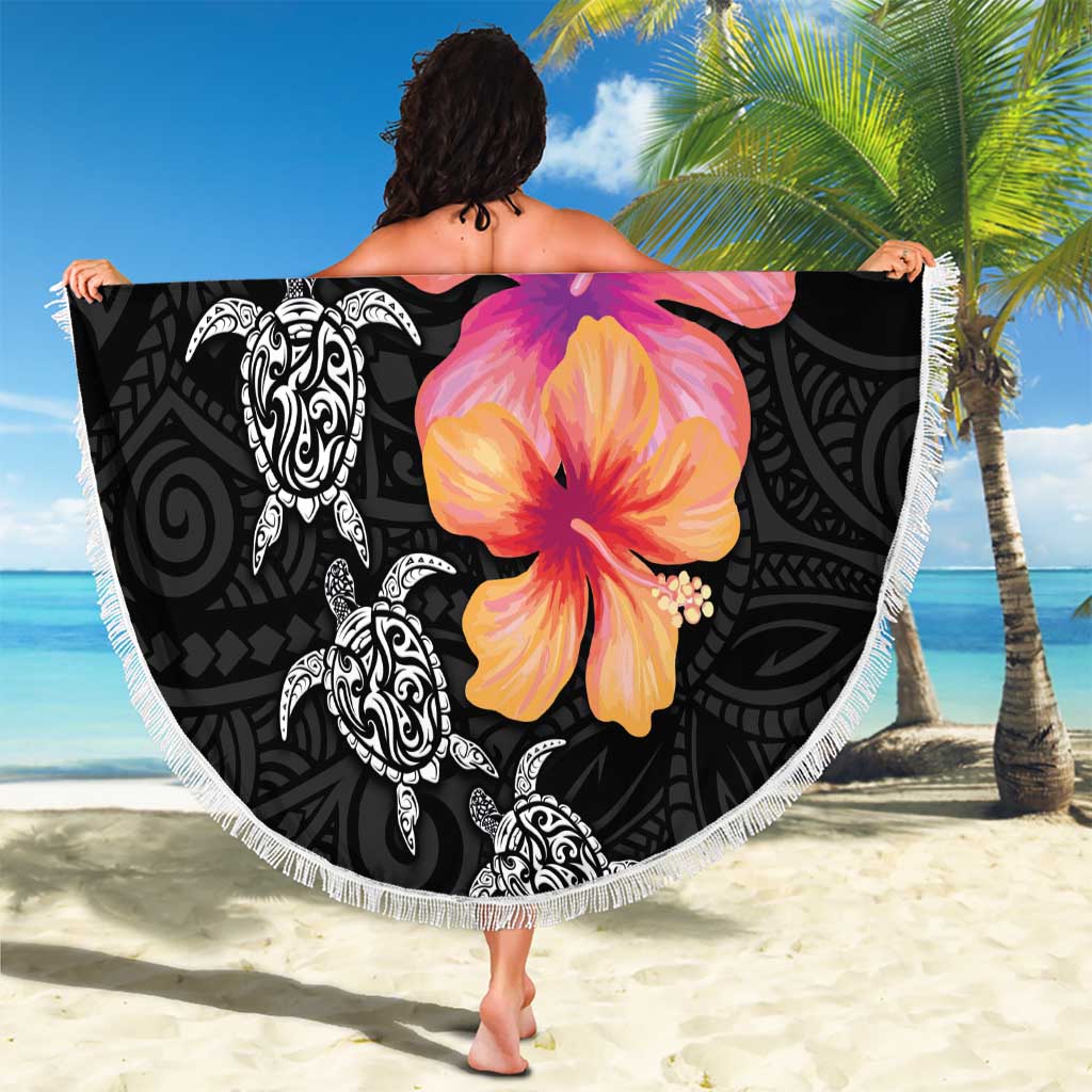Hawaiian Hibiscus Turtle Tribal Polynesian Pattern Beach Blanket Black Color