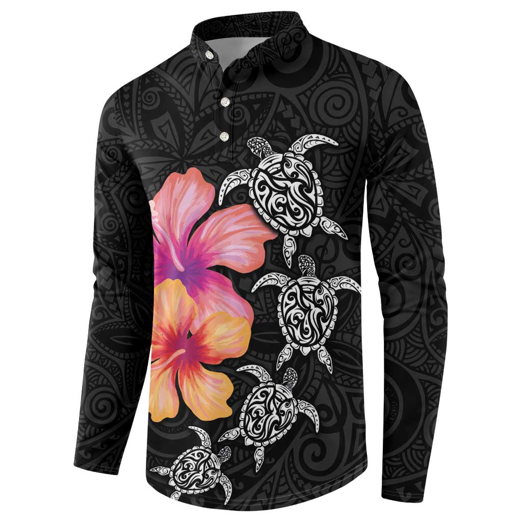 Hawaiian Hibiscus Turtle Tribal Polynesian Pattern Button Sweatshirt Black Color