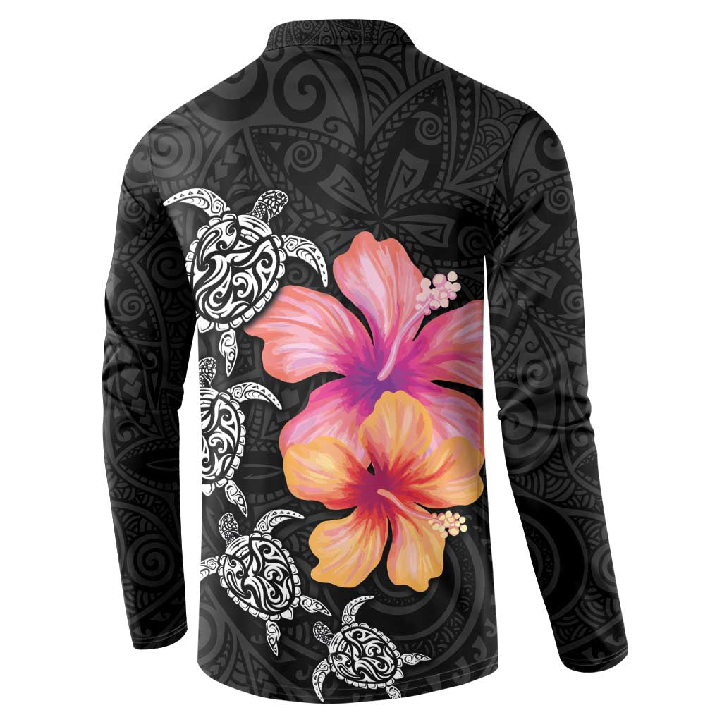 Hawaiian Hibiscus Turtle Tribal Polynesian Pattern Button Sweatshirt Black Color