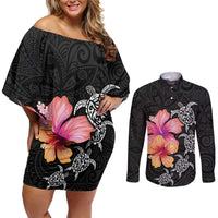 Hawaiian Hibiscus Turtle Tribal Polynesian Pattern Couples Matching Off Shoulder Short Dress and Long Sleeve Button Shirt Black Color