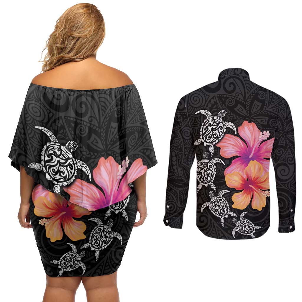Hawaiian Hibiscus Turtle Tribal Polynesian Pattern Couples Matching Off Shoulder Short Dress and Long Sleeve Button Shirt Black Color
