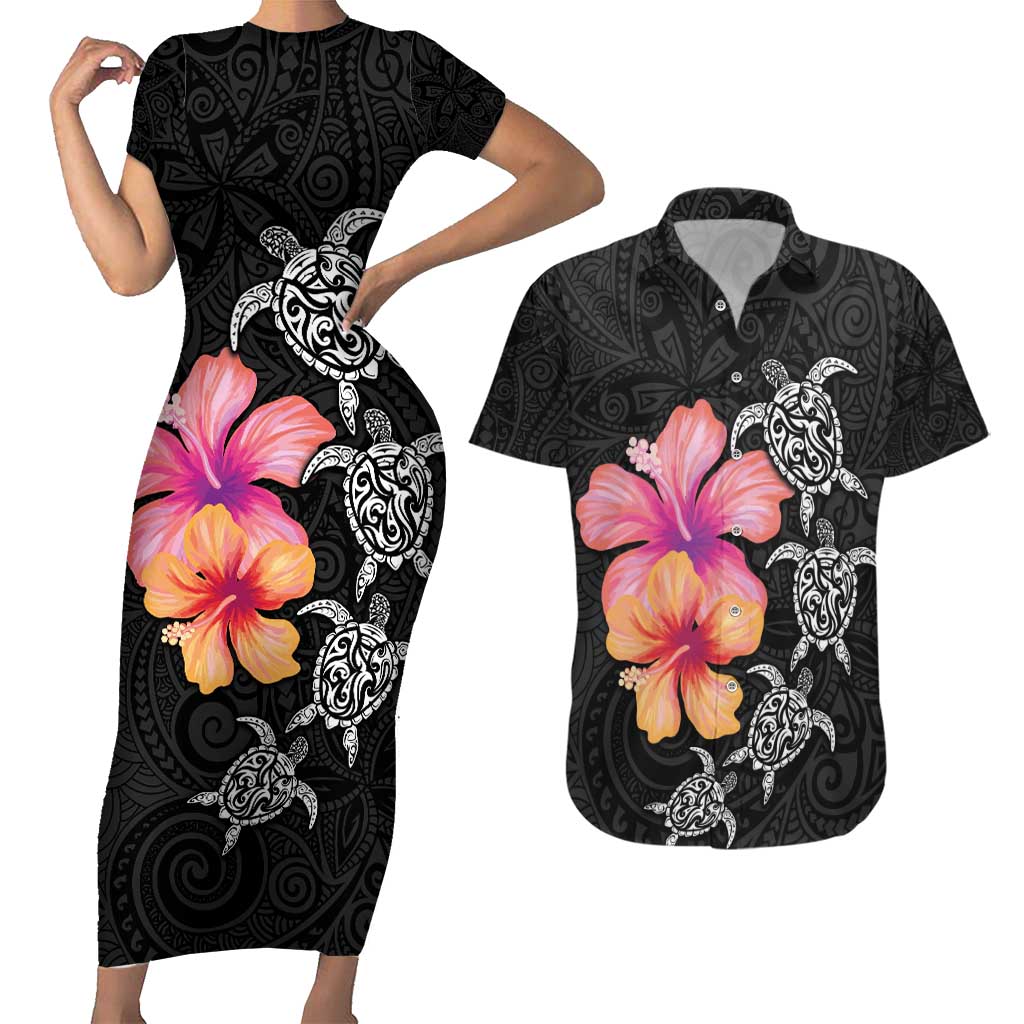 Hawaiian Hibiscus Turtle Tribal Polynesian Pattern Couples Matching Short Sleeve Bodycon Dress and Hawaiian Shirt Black Color