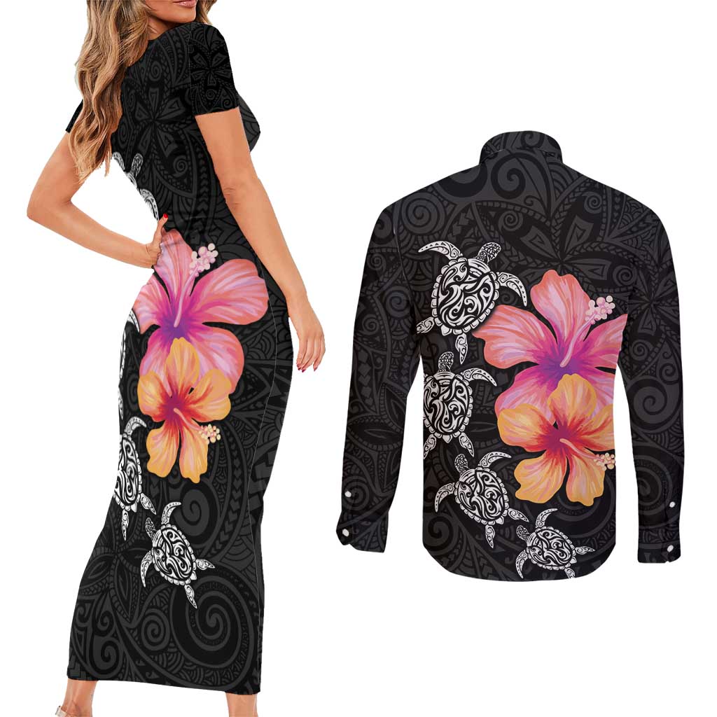 Hawaiian Hibiscus Turtle Tribal Polynesian Pattern Couples Matching Short Sleeve Bodycon Dress and Long Sleeve Button Shirt Black Color