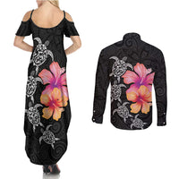 Hawaiian Hibiscus Turtle Tribal Polynesian Pattern Couples Matching Summer Maxi Dress and Long Sleeve Button Shirt Black Color