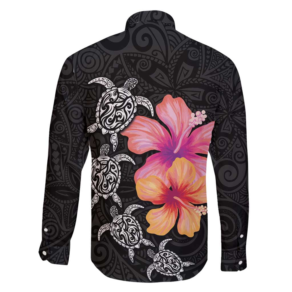 Hawaiian Hibiscus Turtle Tribal Polynesian Pattern Family Matching Off Shoulder Maxi Dress and Hawaiian Shirt Black Color