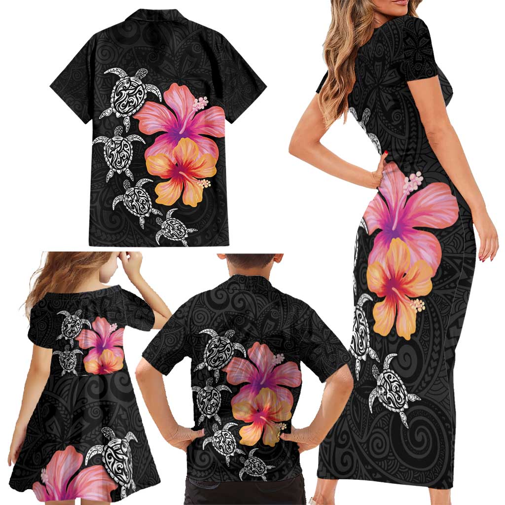Hawaiian Hibiscus Turtle Tribal Polynesian Pattern Family Matching Short Sleeve Bodycon Dress and Hawaiian Shirt Black Color