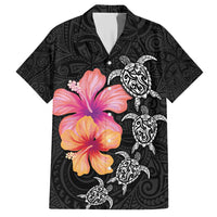 Hawaiian Hibiscus Turtle Tribal Polynesian Pattern Family Matching Short Sleeve Bodycon Dress and Hawaiian Shirt Black Color