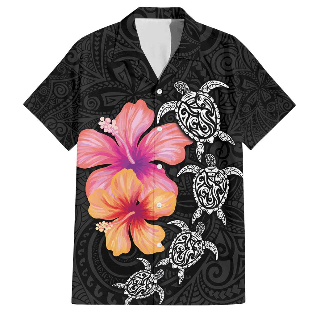 Hawaiian Hibiscus Turtle Tribal Polynesian Pattern Family Matching Summer Maxi Dress and Hawaiian Shirt Black Color