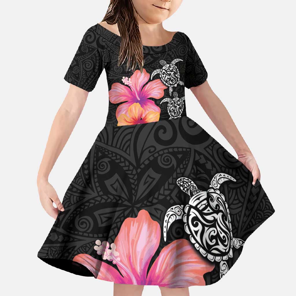 Hawaiian Hibiscus Turtle Tribal Polynesian Pattern Family Matching Tank Maxi Dress and Hawaiian Shirt Black Color
