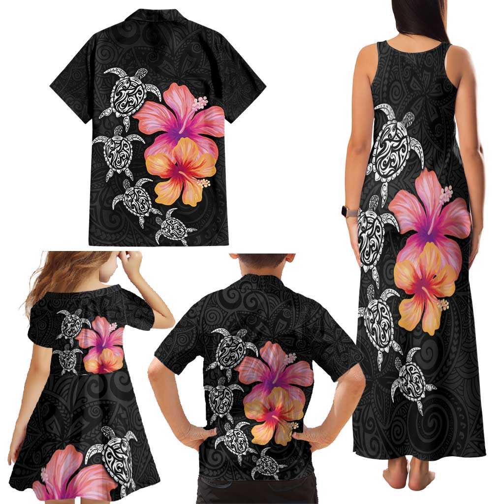 Hawaiian Hibiscus Turtle Tribal Polynesian Pattern Family Matching Tank Maxi Dress and Hawaiian Shirt Black Color