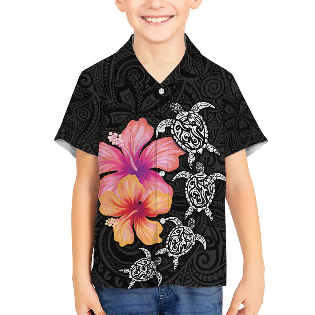 Hawaiian Hibiscus Turtle Tribal Polynesian Pattern Kid Hawaiian Shirt Black Color