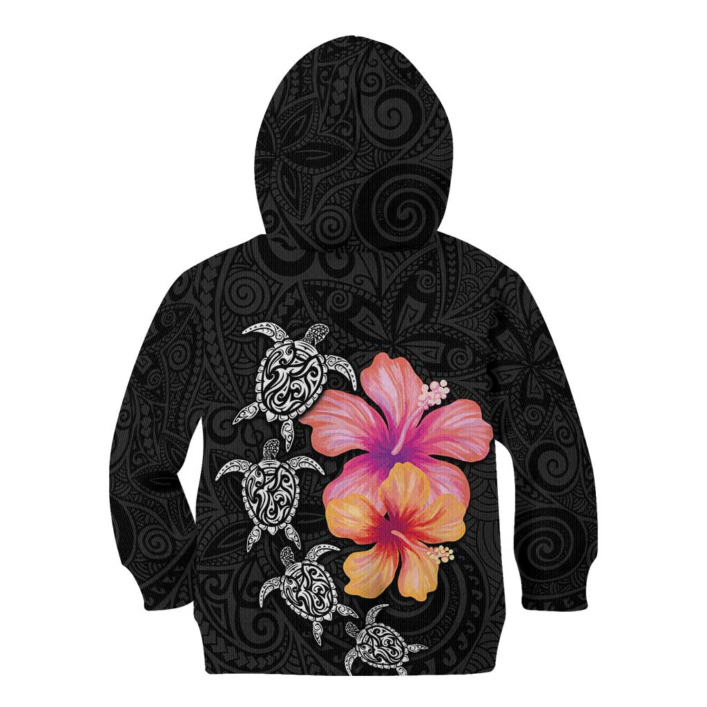 Hawaiian Hibiscus Turtle Tribal Polynesian Pattern Kid Hoodie Black Color