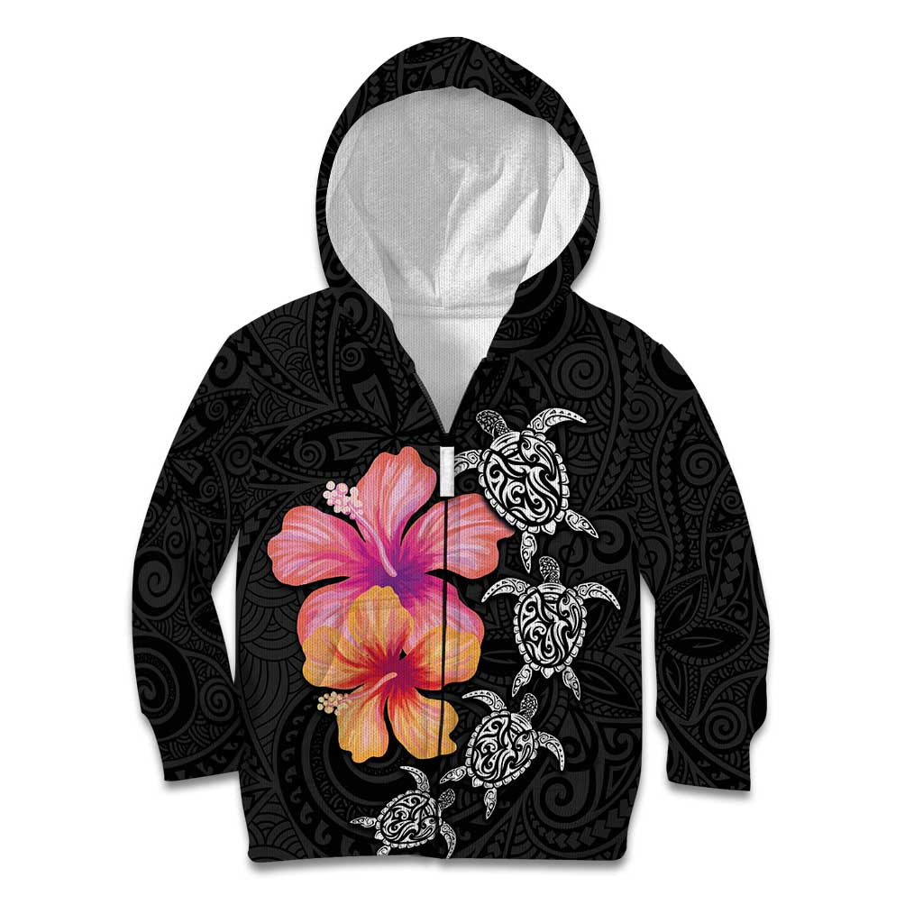 Hawaiian Hibiscus Turtle Tribal Polynesian Pattern Kid Hoodie Black Color
