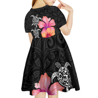 Hawaiian Hibiscus Turtle Tribal Polynesian Pattern Kid Short Sleeve Dress Black Color