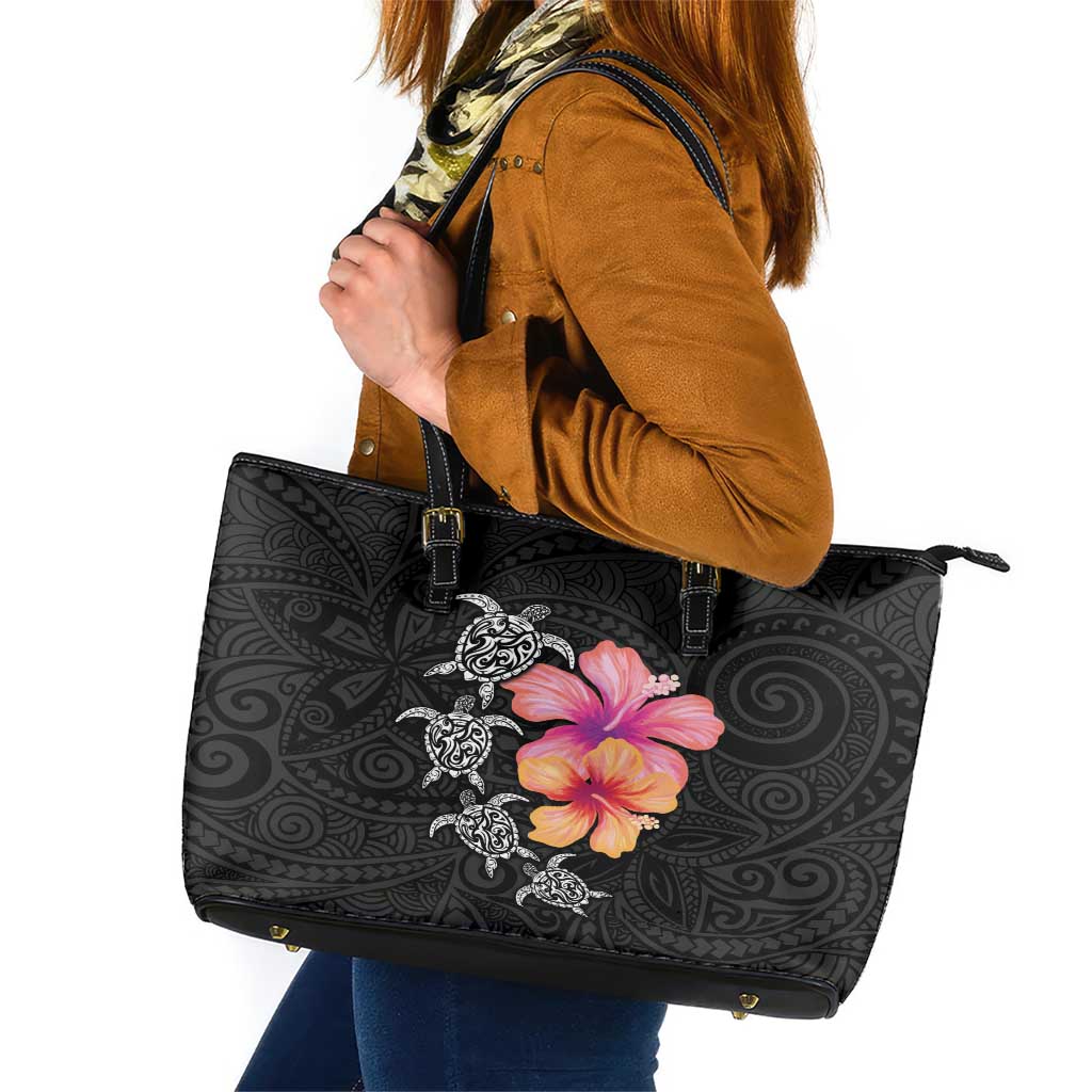 Hawaiian Hibiscus Turtle Tribal Polynesian Pattern Leather Tote Bag Black Color