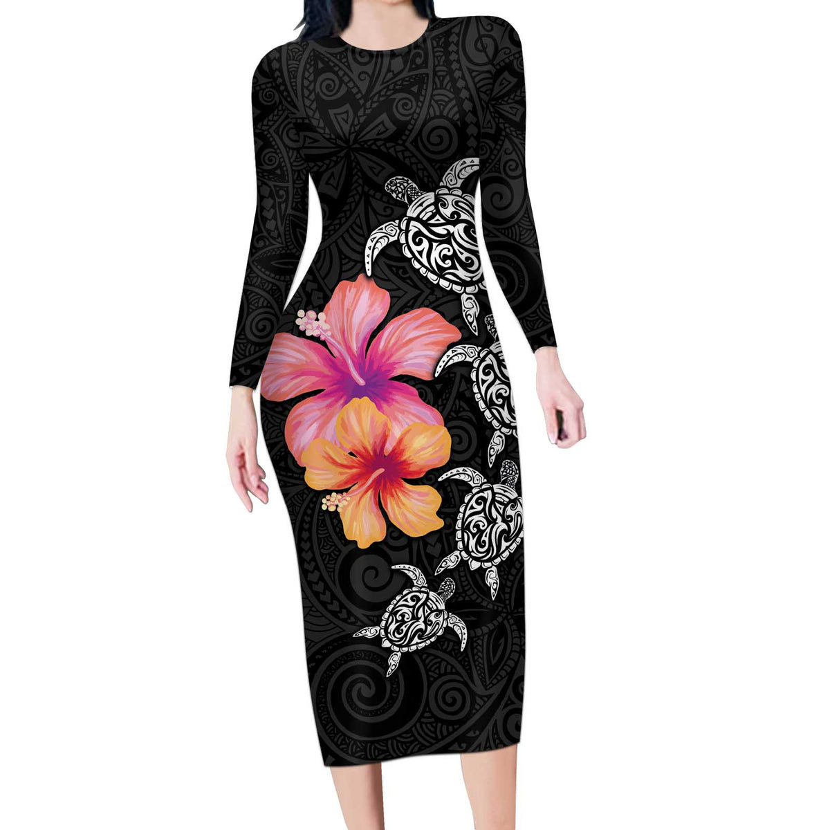 Hawaiian Hibiscus Turtle Tribal Polynesian Pattern Long Sleeve Bodycon Dress Black Color LT03 Long Dress Black - Polynesian Pride