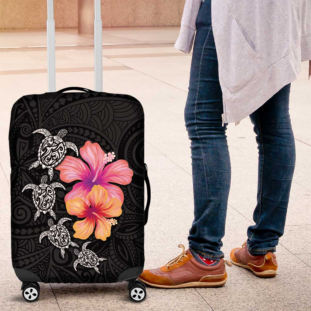 Hawaiian Hibiscus Turtle Tribal Polynesian Pattern Luggage Cover Black Color