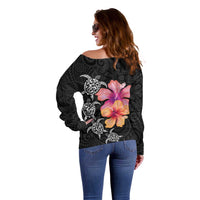 Hawaiian Hibiscus Turtle Tribal Polynesian Pattern Off Shoulder Sweater Black Color