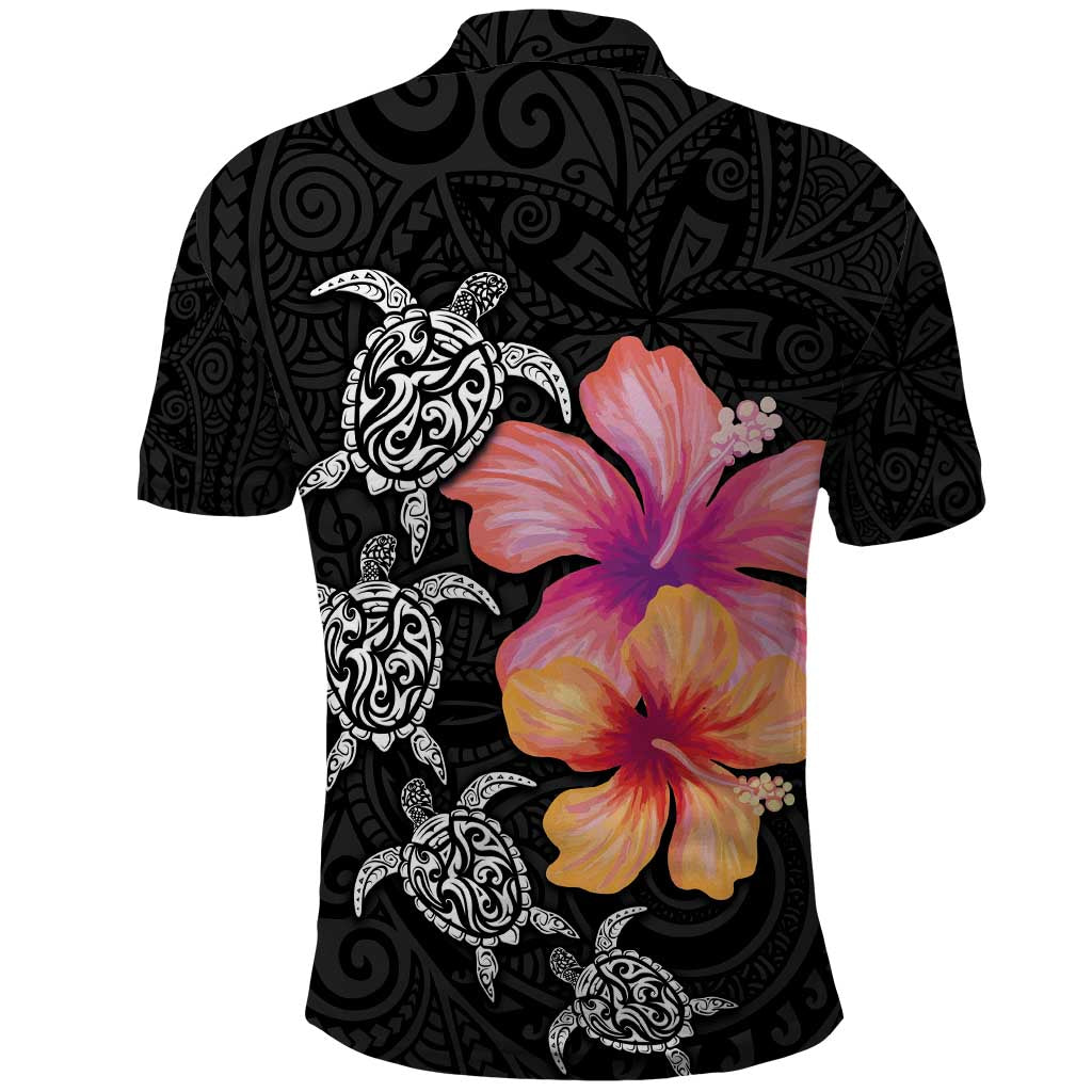 Hawaiian Hibiscus Turtle Tribal Polynesian Pattern Polo Shirt Black Color