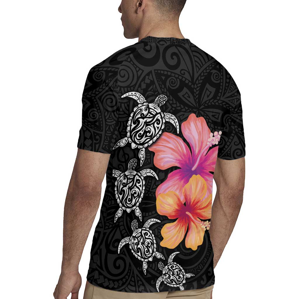 Hawaiian Hibiscus Turtle Tribal Polynesian Pattern Rugby Jersey Black Color