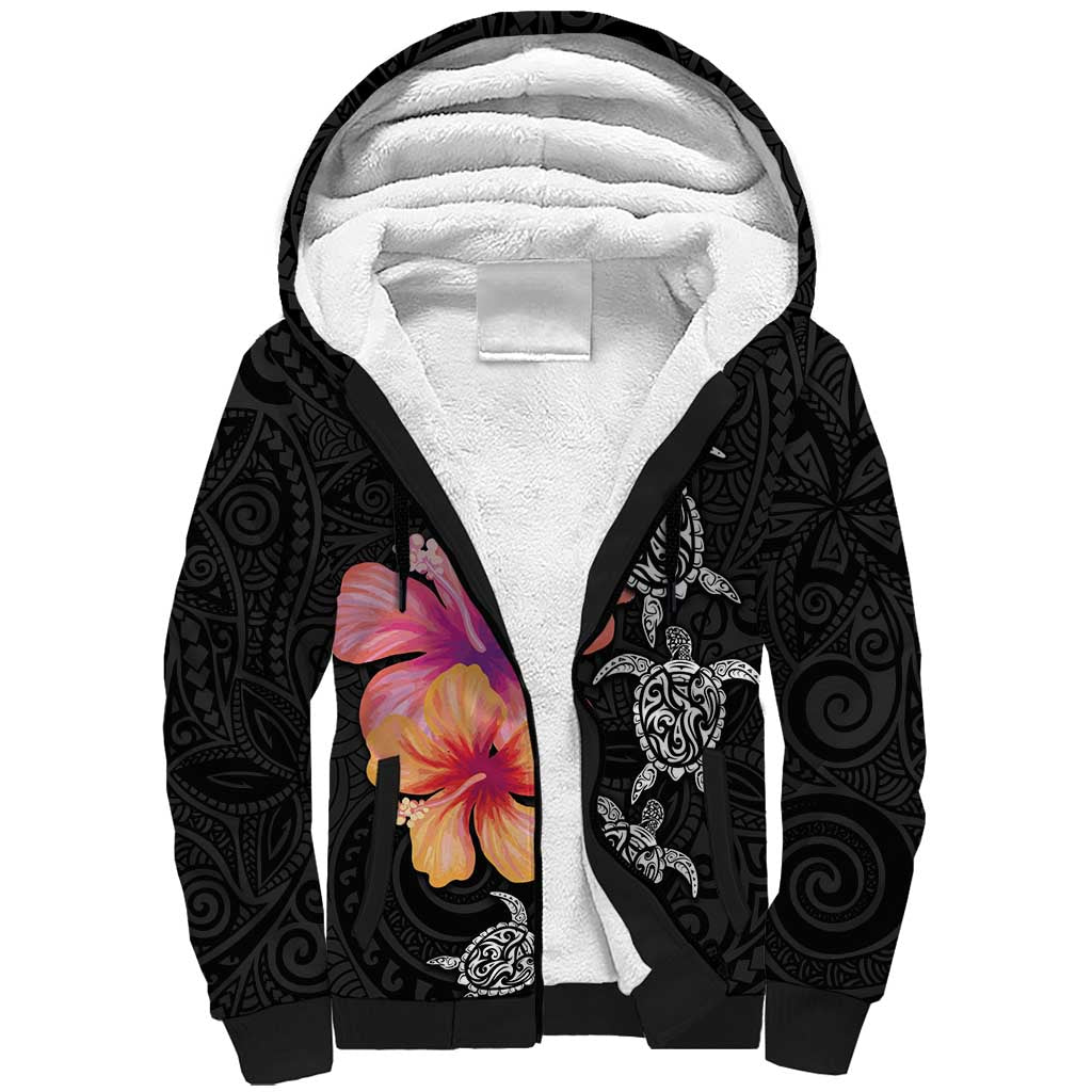 Hawaiian Hibiscus Turtle Tribal Polynesian Pattern Sherpa Hoodie Black Color