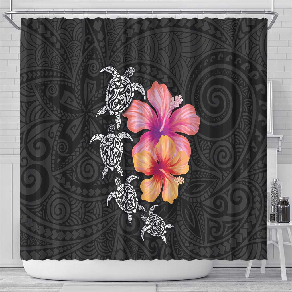Hawaiian Hibiscus Turtle Tribal Polynesian Pattern Shower Curtain Black Color