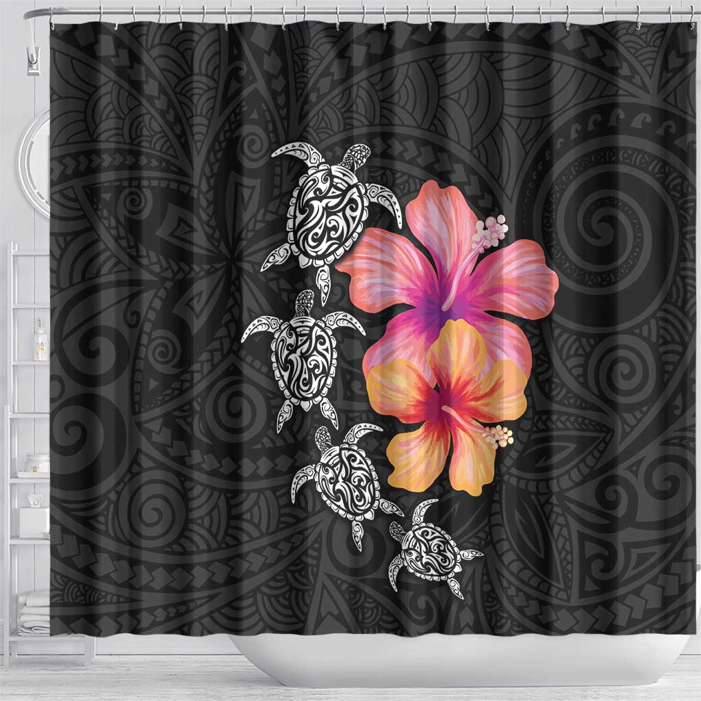 Hawaiian Hibiscus Turtle Tribal Polynesian Pattern Shower Curtain Black Color