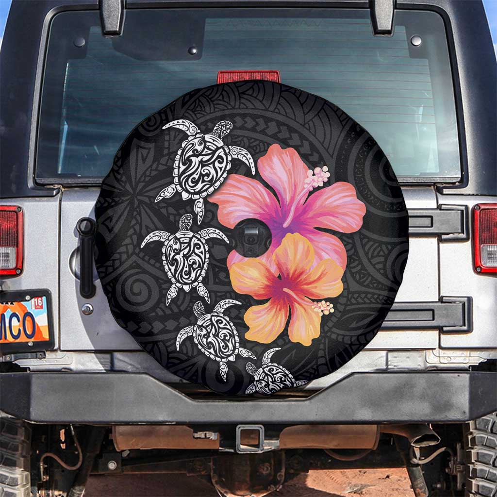 Hawaiian Hibiscus Turtle Tribal Polynesian Pattern Spare Tire Cover Black Color