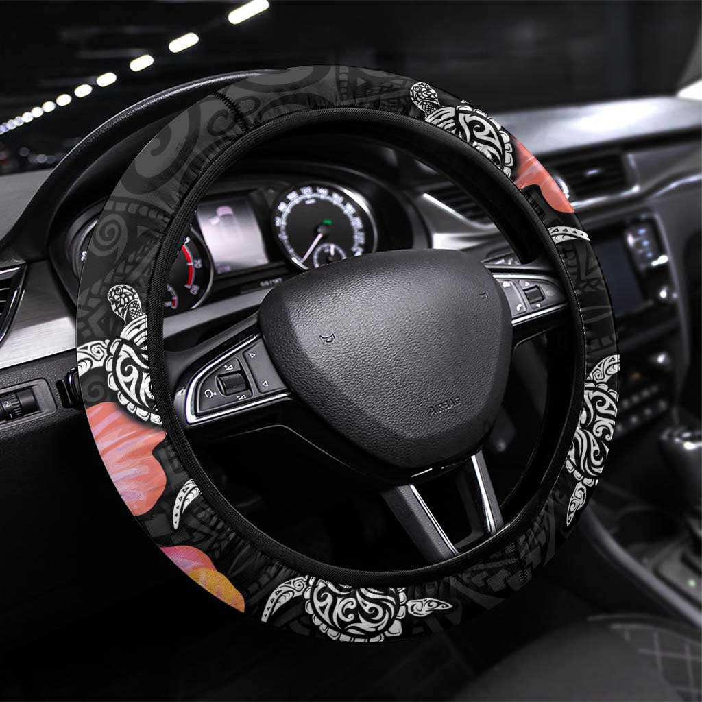 Hawaiian Hibiscus Turtle Tribal Polynesian Pattern Steering Wheel Cover Black Color LT03 Universal Fit Black - Polynesian Pride