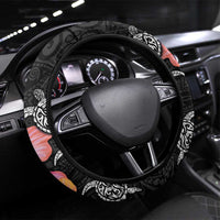 Hawaiian Hibiscus Turtle Tribal Polynesian Pattern Steering Wheel Cover Black Color LT03 Universal Fit Black - Polynesian Pride